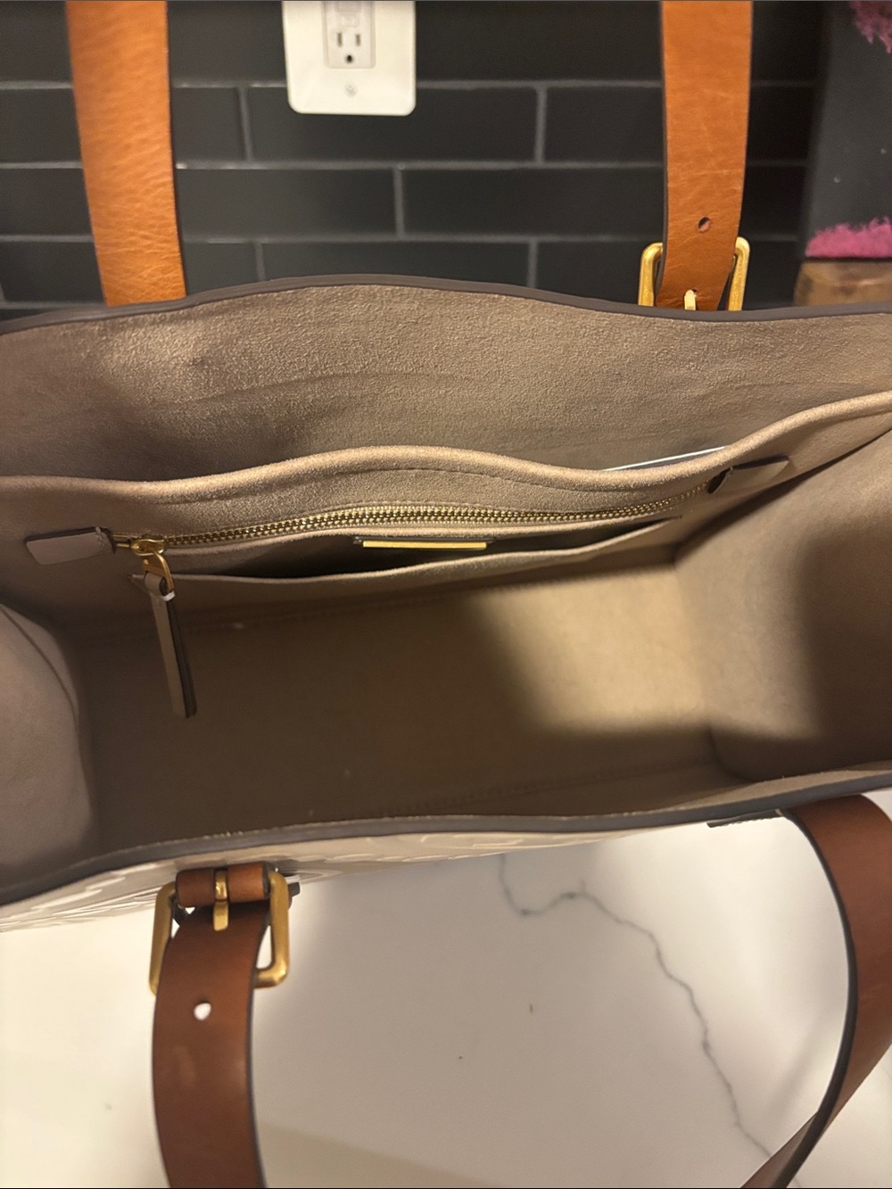 Tory Burch Beige Logo Pattern Leather-Trim Tote with Tan Straps - Picture 2 of 3